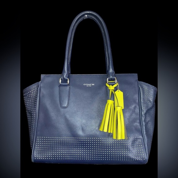 COACH Legacy Perforated Navy Blue & Bright Citrine Tote Shoulder Bag - Picture 1 of 11